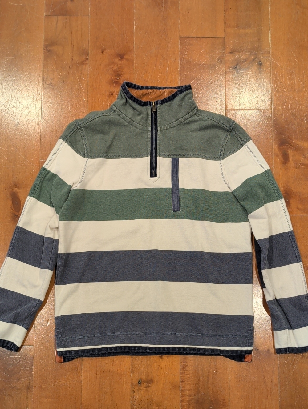 FatFace Striped Zip-Neck Sweater - Green, Navy & White